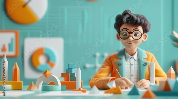 Fototapeta A student analyzing geometric shapes and equations in a study setting