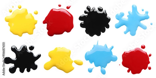 Fototapeta Printer ink of different colors. Set of spots isolated on white, top view