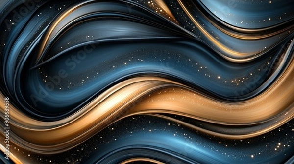 Obraz Abstract background with swirling blue and gold liquid shapes with glitter.