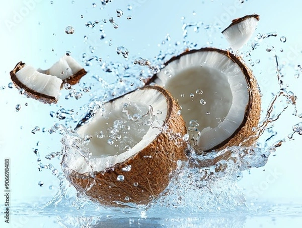 Fototapeta Splashes of water surround fresh coconut halves, illustrating freshness and tropical themes in a vibrant and dynamic composition.