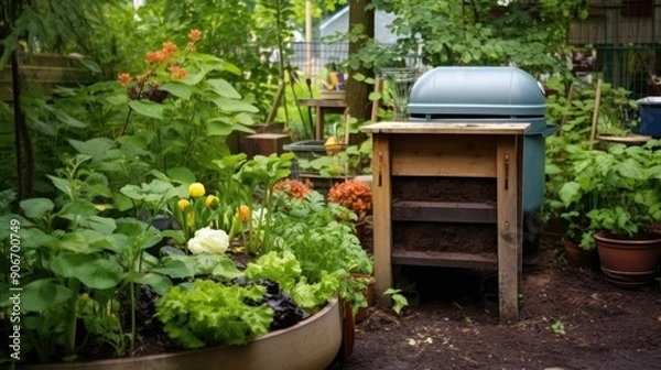 Fototapeta Compost bin with fresh kitchen scraps and lush garden in the backdrop
