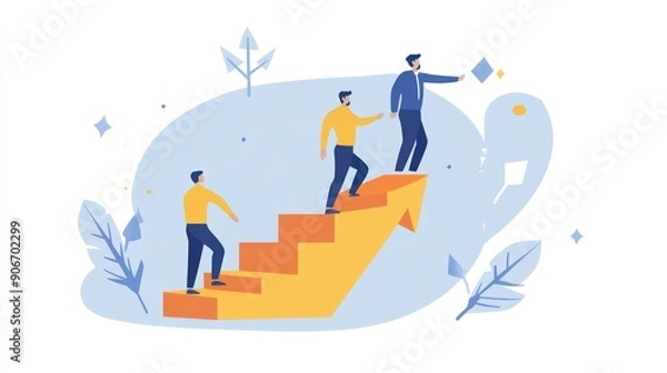 Fototapeta Business leader walking up the stairs and up the arrow Growing business ideas and the path to success