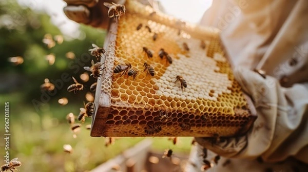 Obraz Beekeeper holding a beehive frame with bees flying around