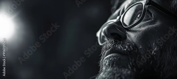 Fototapeta A side profile of a bearded man in dark lighting with an intense light source to the left creating a dramatic effect.