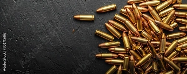Fototapeta Many brass gun bullets on a black table closeup. Free copy space for text.