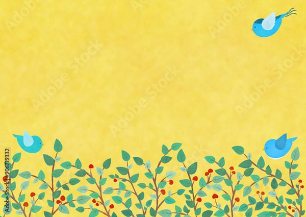 Obraz 青い鳥と葉っぱの背景イラスト