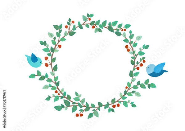 Obraz 幸せを運ぶ青い鳥とリースのイラスト
