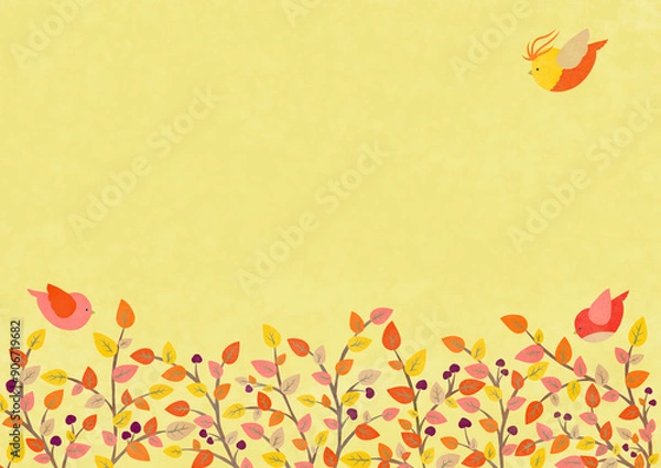 Obraz 秋のカラフルな木の葉と小鳥の背景イラスト