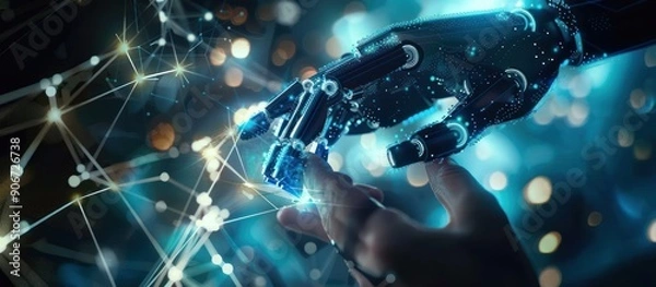 Fototapeta A Human Hand Reaching Toward a Digital Hand with a Network of Lines and Bokeh Lights