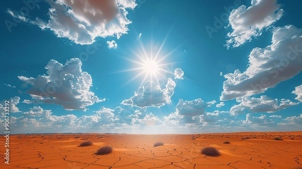 Fototapeta Beautiful photograph of a desert landscape under a blazing sun with shifting clouds, capturing the harsh realities and evolving conditions of arid environments due to climate change. high resolution