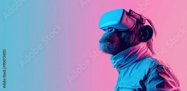 Fototapeta Virtual reality concept technology background of an ape with VR glasses on the right and space for copytext on the  left. Background is in soft pastel colors of pink and blue gradient.