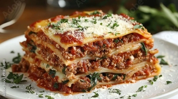 Fototapeta Traditional Italian lasagna with layers of pasta, meat sauce, and cheese.