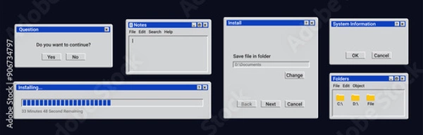 Obraz Set of old window messages. Retro loading bar on screen. Vintage explorer interface with folders.