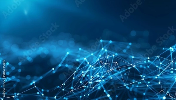 Fototapeta Abstract background with a blue digital technology, big data and network connection concept on a dark blue background, with a low poly geometric pattern of lines, dots or mesh surface structures in th