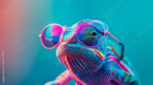 Fototapeta a chameleon wearing sunglasses in front of a colorful background
