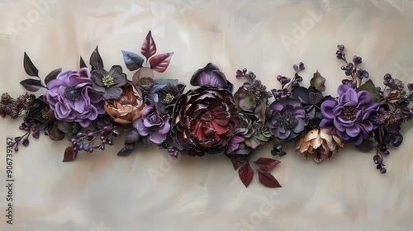 Obraz A beautifully arranged floral garland in shades of brown and lavender showcases intricate blossoms against a soft, neutral background