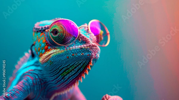 Fototapeta a chameleon wearing sunglasses in front of a colorful background