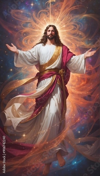 Fototapeta Jesus appears in the sky, bathed in heavenly light, his arms open in a gesture of peace and love.