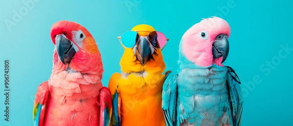 Obraz three parrots wearing sunglasses in front of a colorful background