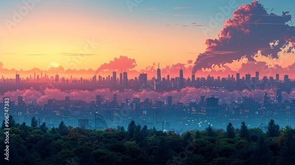 Fototapeta A dramatic view of a city skyline with visible smoke and pollution, highlighting the need for sustainability and climate action to reduce global warming impacts and protect air quality. high