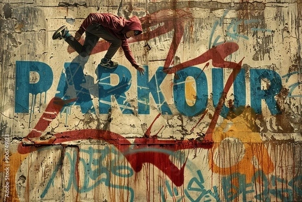 Fototapeta A high-energy shot of a parkour athlete showcasing incredible agility in a graffiti-decorated urban setting. The image is finished with a concrete wall effect and bold "PARKOUR" typography.