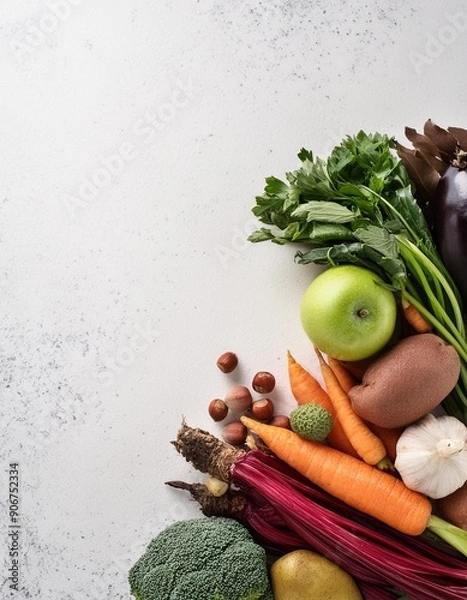 Fototapeta Mix of healthy fruits and vegetables arrangement on white background ,right corner with copy space 