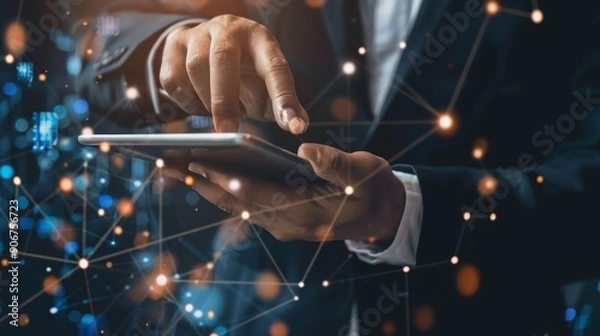 Fototapeta person holding a tablet. concept innovation, information, technology, AI