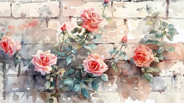 Obraz Elegant watercolor illustration of pink roses climbing a textured wall.