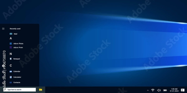 Fototapeta Operating system window in blue dark style with start menu and system programs. Modern control panel with app. Desktop with applications.