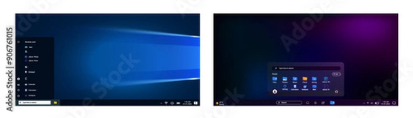 Obraz Modern operating systems window in blue and purple style with user interface and programs. Start menu with office software. Desktop with applications.