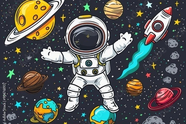 Fototapeta An astronaut in a spacesuit floating near planets, suitable for space travel and exploration scenes
