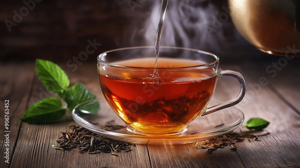 Fototapeta A steaming cup of tea being poured, surrounded by fresh mint leaves, capturing warmth, relaxation, and refreshment.