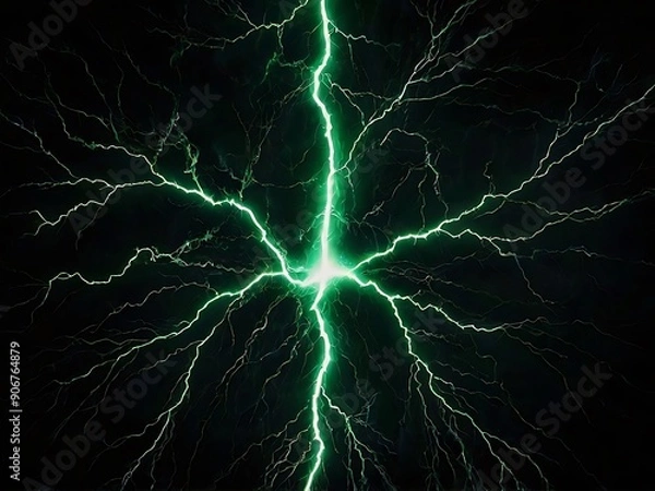 Obraz Green lightning on black background, lighting bolt on solid dark night wallpaper, graphical design