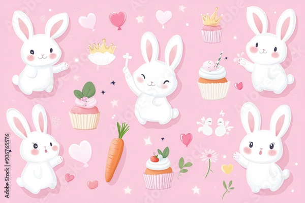 Obraz Easter concept with bunny, carrot, crown, cake, balloons, flowers and a series of vector elements