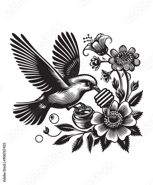 Obraz A bird in flight eating honey from a flower vector style, black and white color