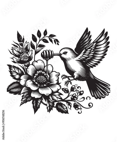 Obraz A bird in flight eating honey from a flower vector style, black and white color