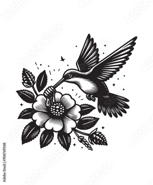 Obraz A bird in flight eating honey from a flower vector style, black and white color