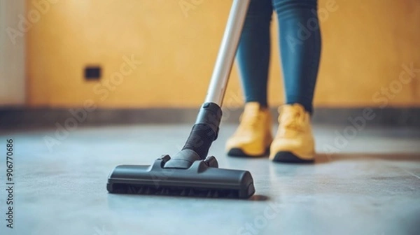 Fototapeta Close-up view of a person vacuuming a floor, showcasing yellow sneakers and blue jeans. The image focuses on the vacuum cleaner head and feet, emphasizing cleanliness.