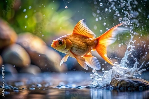 Fototapeta Gold fish breaks the water surface