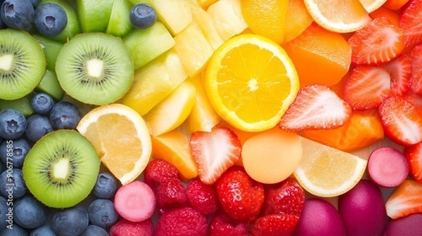 Fototapeta a colorful assortment of various fruits arranged in a visually appealing manner. The fruits are organized by color, creating a rainbow effect