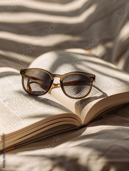 Fototapeta A pair of sunglasses is sitting on top of an open book