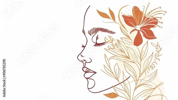 Fototapeta Women face in one line art style with flowers and leaves.Continuous line art in elegant style for prints, tattoos, posters, textile, cards etc. Beautiful woman face Vector illustration 
