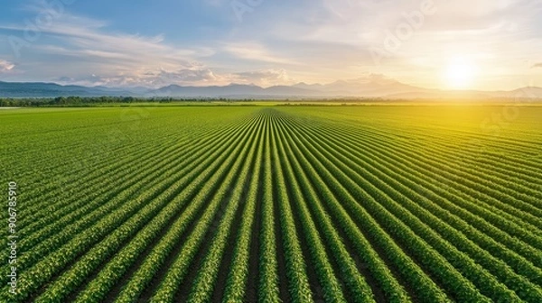 Fototapeta A vast green field of crops stretches towards the horizon, illuminated by the golden glow of the setting sun.