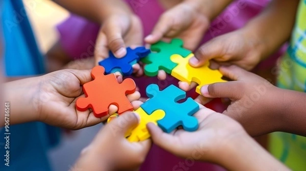 Fototapeta Hands of children students holding pieaces of jiwsaw together as a symbol for autism or teamwork in school.