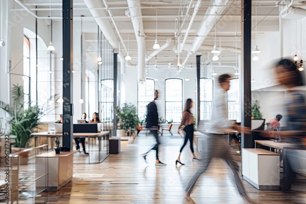Fototapeta A bright and dynamic business workplace with people walking in blurred motion, capturing the energy and movement in a modern office environment