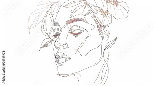 Fototapeta Women face in one line art style with flowers and leaves.Continuous line art in elegant style for prints, tattoos, posters, textile, cards etc. Beautiful woman face Vector illustration