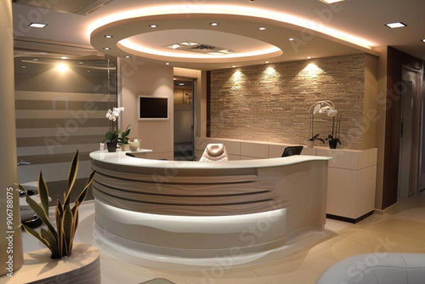 Fototapeta A modern dental office reception featuring stylish furniture and contemporary interior decor, creating a welcoming and professional environment for patients