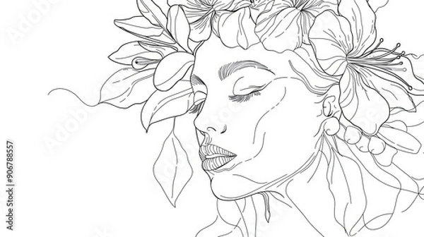 Fototapeta Women face in one line art style with flowers and leaves.Continuous line art in elegant style for prints, tattoos, posters, textile, cards etc. Beautiful woman face Vector illustration