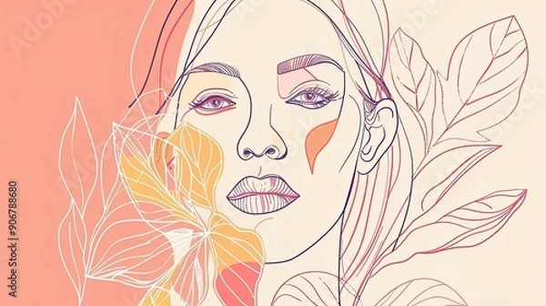 Fototapeta Women face in one line art style with flowers and leaves.Continuous line art in elegant style for prints, tattoos, posters, textile, cards etc. Beautiful woman face Vector illustration