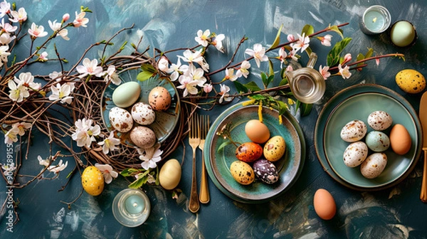 Fototapeta A beautifully set Easter table, adorned with colorful decorations, spring flowers, and festive touches, perfect for a holiday celebration